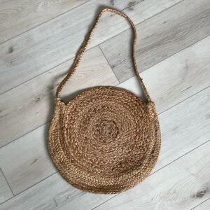 Boho Straw Braided Woven Round Tote Bag Purse Tan